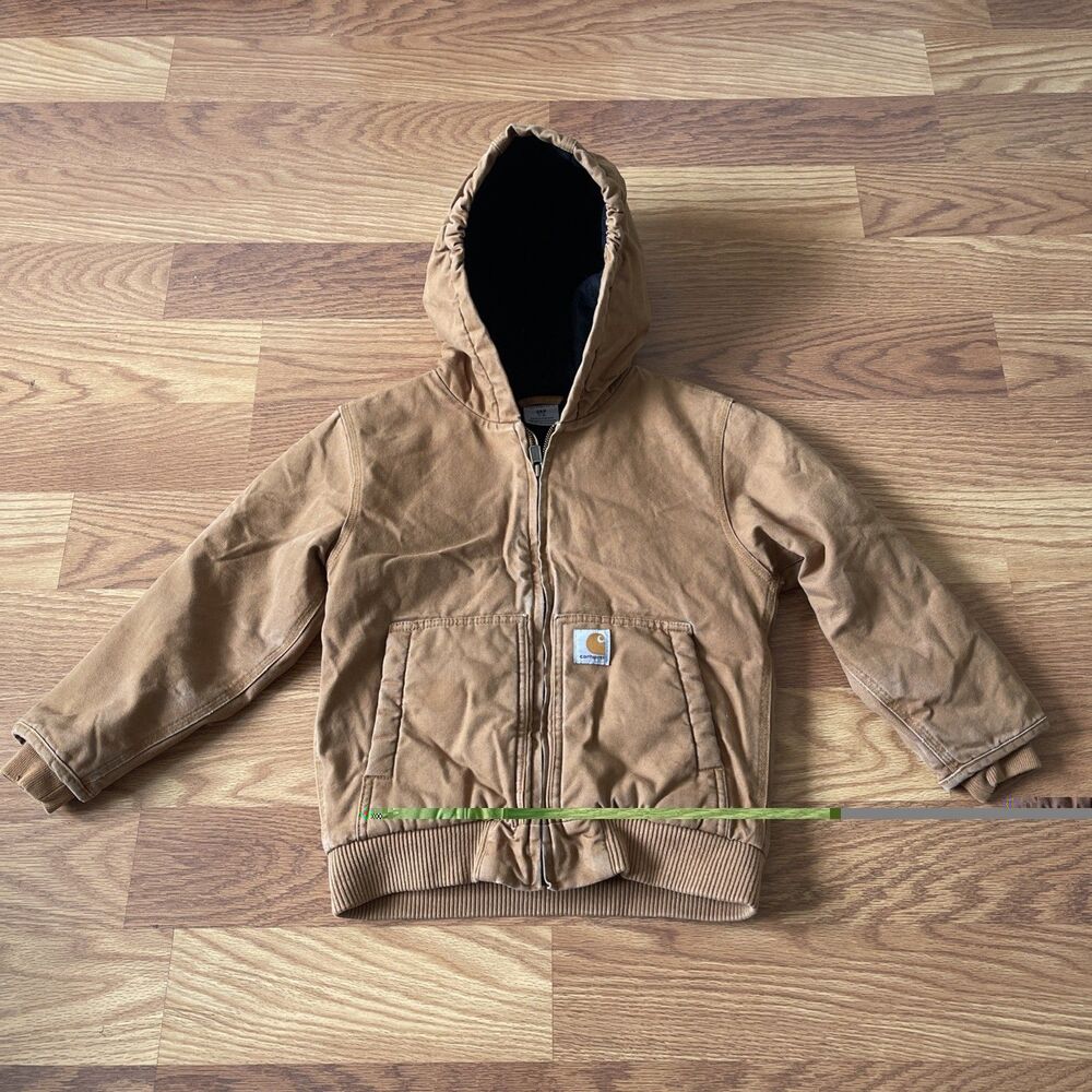 Carhartt Boys Brown Duck Canvas Quilted Lined Hooded Active Jacket Size S 7-8